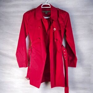 Kenneth Cole Reaction Red Belted Trench Coat Womens Size M Doulble Breasted Mid